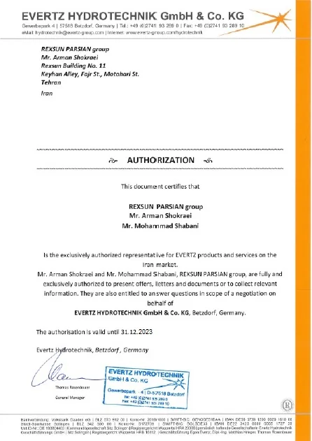 نامه نمایندگی EVERTZ HYDROTECHNIK با پایان اعتبار درج‌شده دسامبر ۲۰۲۳